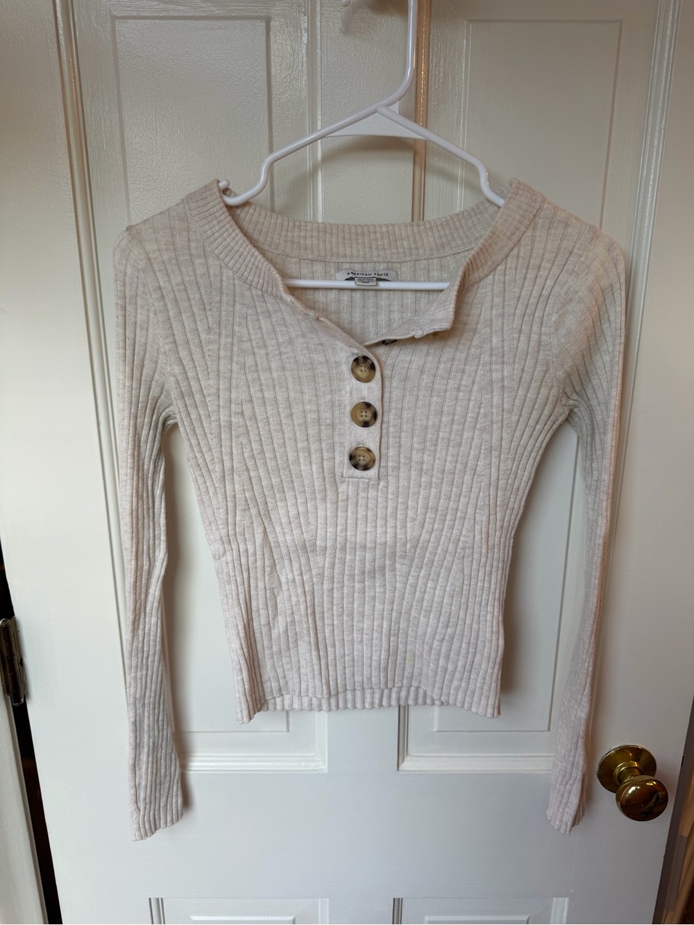 American Eagle Outfitters Ribbed Henley Long-Sleeve Top - Cream